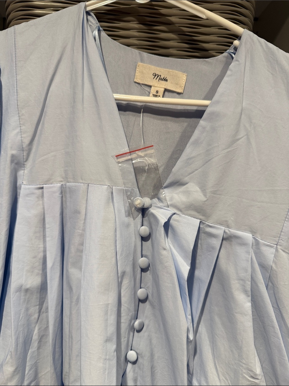 Pale Blue Puff-Sleeve Dress with Button Front - Picture 2 of 3
